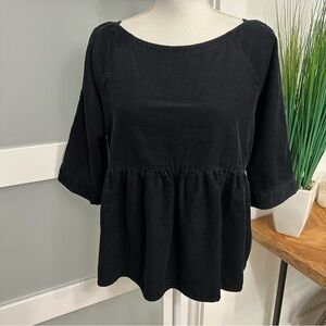 Anthropologie Maeve Corduroy Shirt 3/4 Sleeve Peplum Hem Black XS Oversized READ